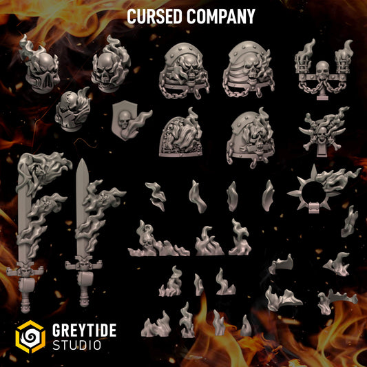 Cursed Company Conversion Bits 35 Pack | Flaming Skull Helmet & Weapon Resin Bits | Miniature Kitbash Set | Grimdark Wargaming Fire FX
