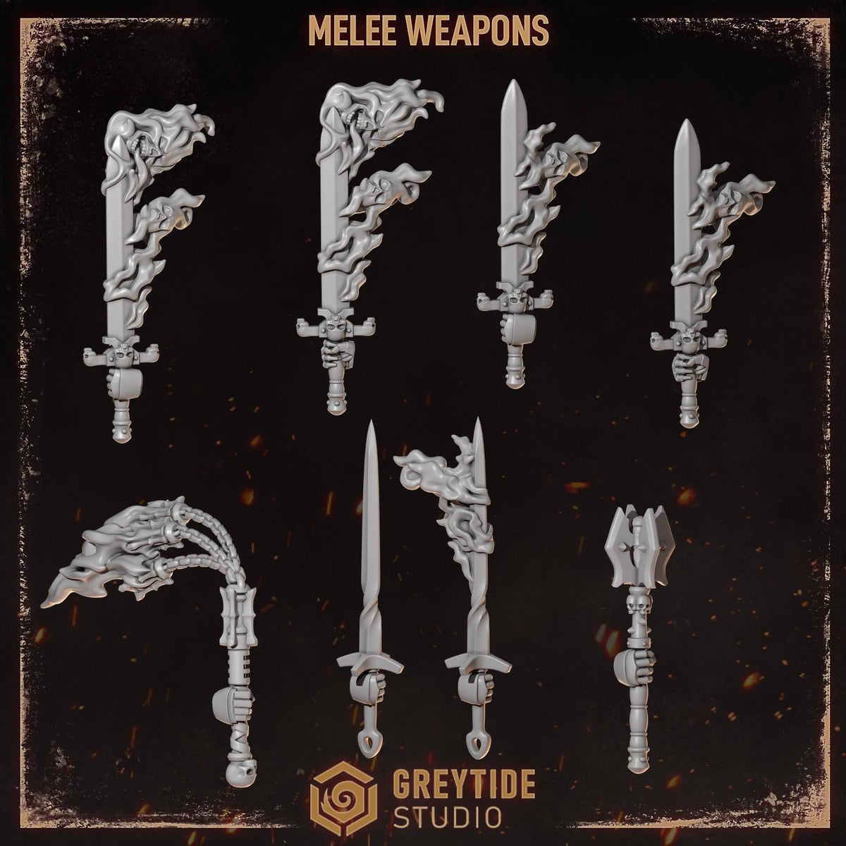 Cursed Company 2 Conversion Bits Pack | Flaming Skull Helmet & Weapon Resin Bits | Miniature Kitbash Set | Grimdark Wargaming Fire FX