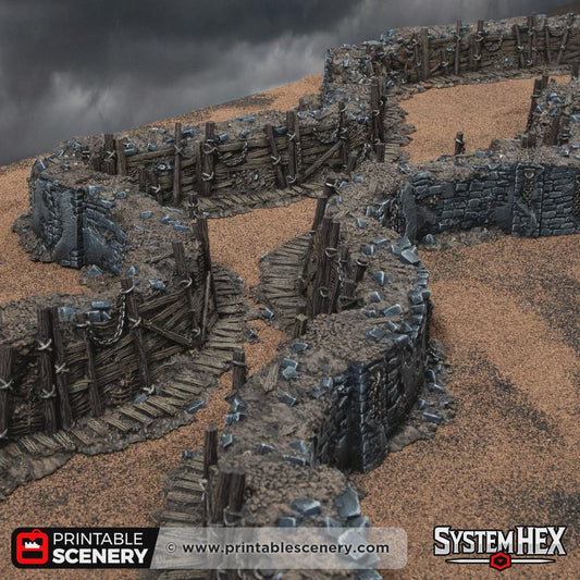 Trench Forts Terrain | Modular Ruined Barricades | 32mm Grimdark Wargaming Scenery | Gothic Defensive Walls