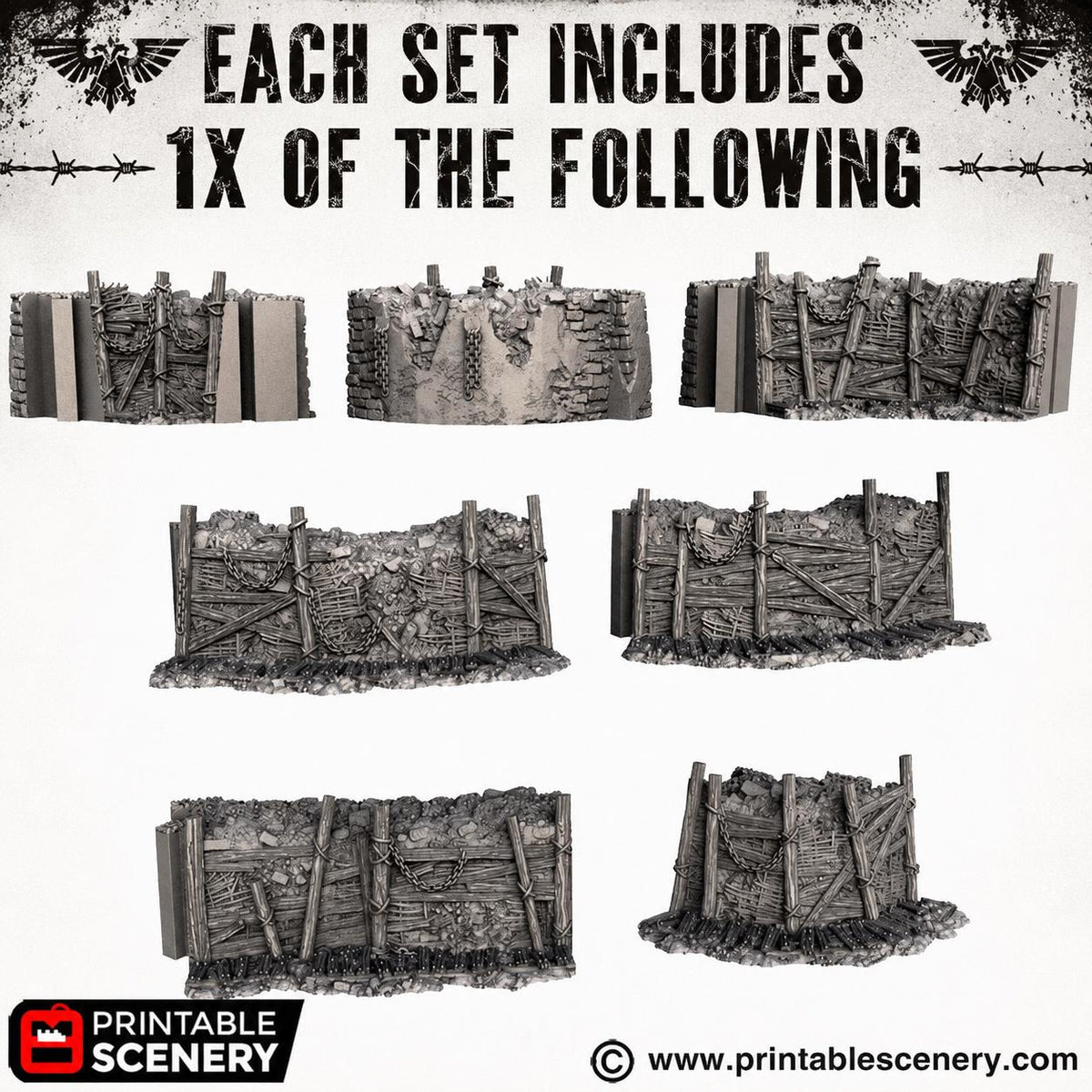 Trench Forts Terrain | Modular Ruined Barricades | 32mm Grimdark Wargaming Scenery | Gothic Defensive Walls
