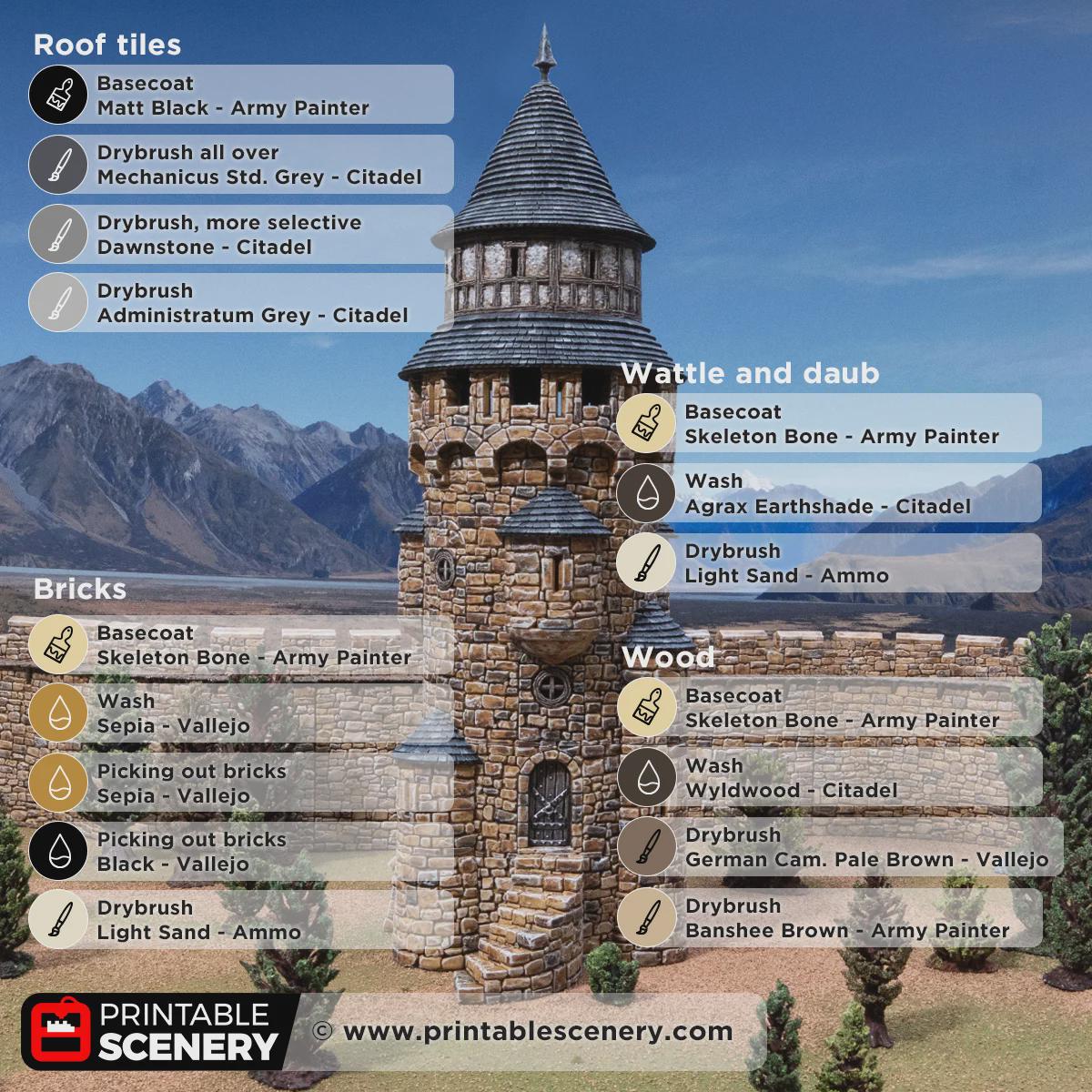 Medieval Round Tower Terrain, 32mm Fantasy Castle Keep, Multi Level Tabletop Building, Fortified Fortress Scenery