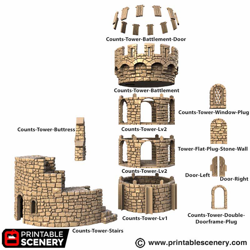 Medieval Count’s Tower Terrain, 32mm Fantasy Castle Keep, Modular Round Fortress, Multi Level Tabletop Building