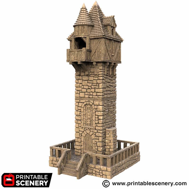 Medieval Watchtower Terrain, 32mm Fantasy Guard Tower, Stone and Timber Castle Scenery, Tabletop Building