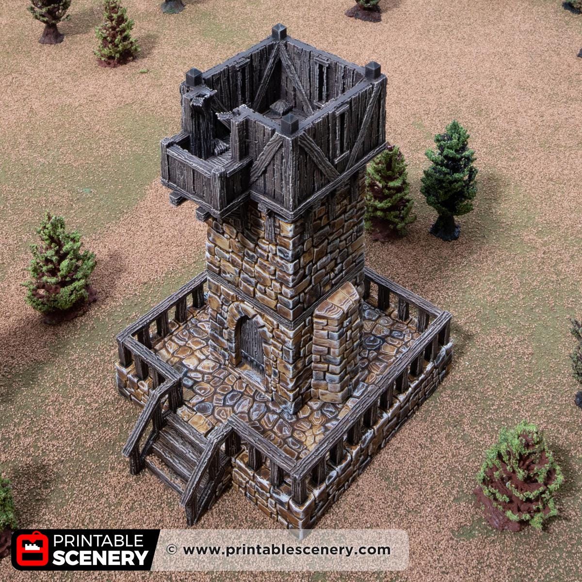Medieval Watchtower Terrain, 32mm Fantasy Guard Tower, Stone and Timber Castle Scenery, Tabletop Building