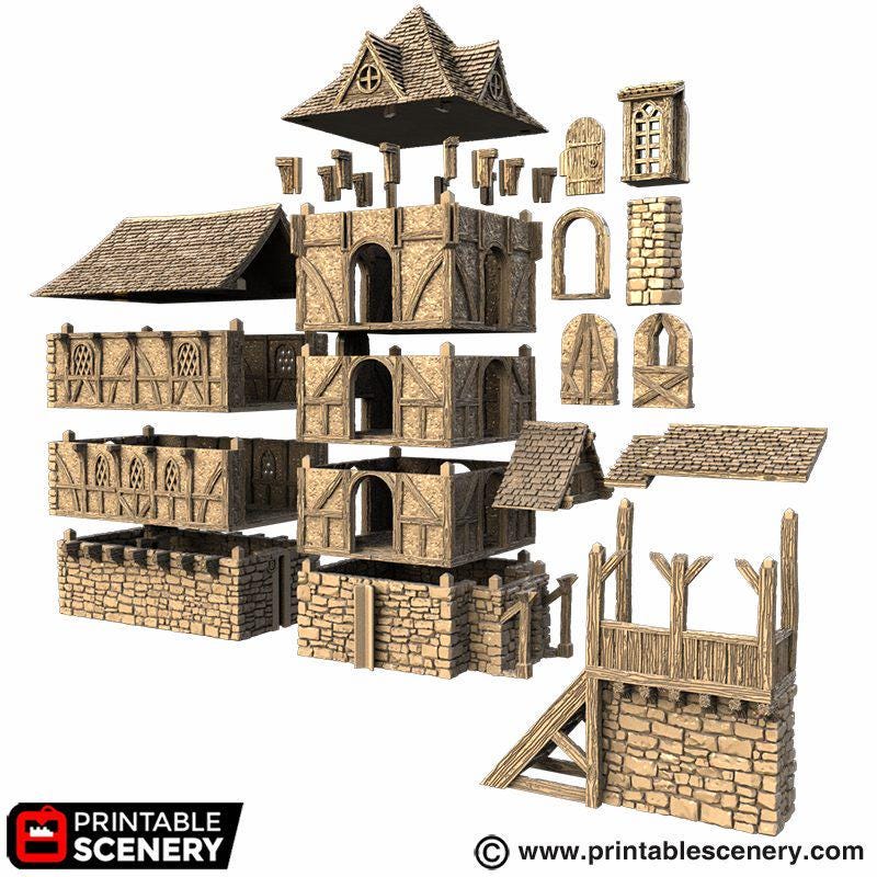 Medieval Wattle and Daub House, 32mm Fantasy Castle Living Quarters, Multi Level Tabletop Building, Modular Village Terrain