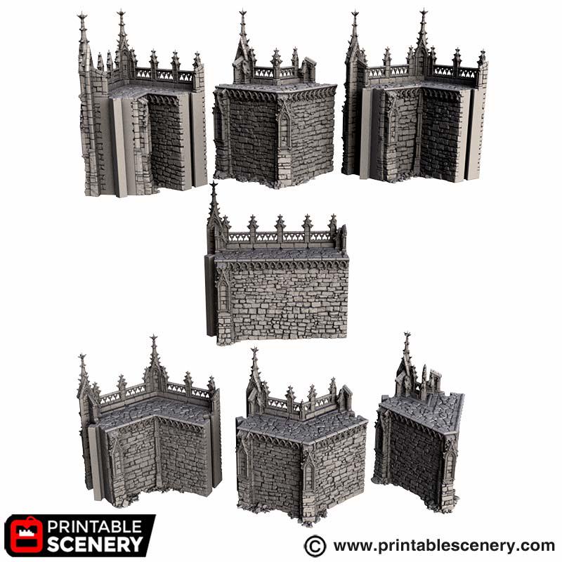 Gothic Angular Wall Terrain, 32mm Modular Castle Fortifications, Dark Fantasy Fortress Scenery, Tabletop Defense Set