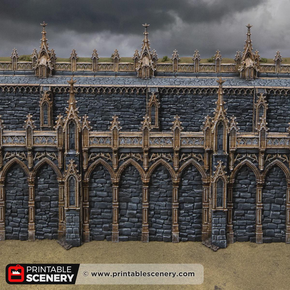 Gothic Angular Wall Terrain, 32mm Modular Castle Fortifications, Dark Fantasy Fortress Scenery, Tabletop Defense Set