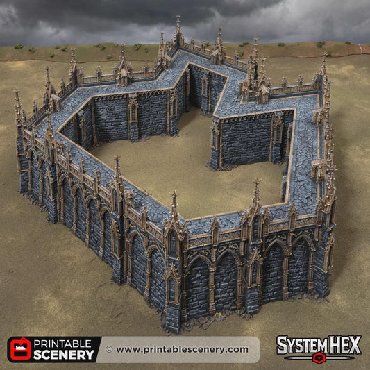 Gothic Angular Wall Terrain, 32mm Modular Castle Fortifications, Dark Fantasy Fortress Scenery, Tabletop Defense Set