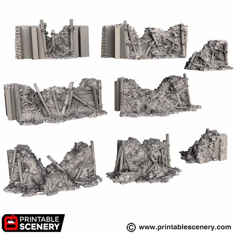 Ruined Trench Forts Terrain | Modular Ruined Barricades | 32mm Grimdark Wargaming Scenery | Gothic Defensive Walls