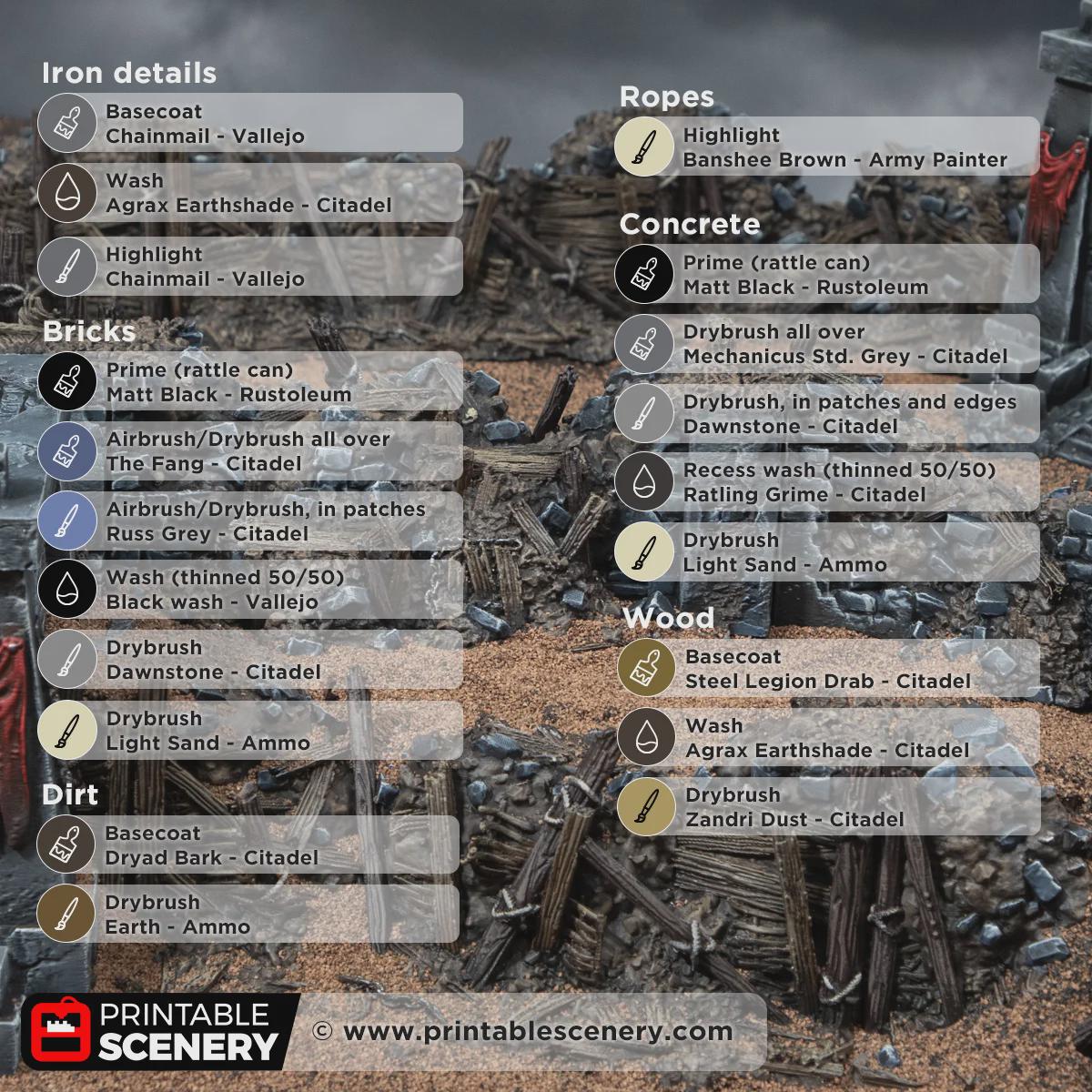 Ruined Trench Forts Terrain | Modular Ruined Barricades | 32mm Grimdark Wargaming Scenery | Gothic Defensive Walls