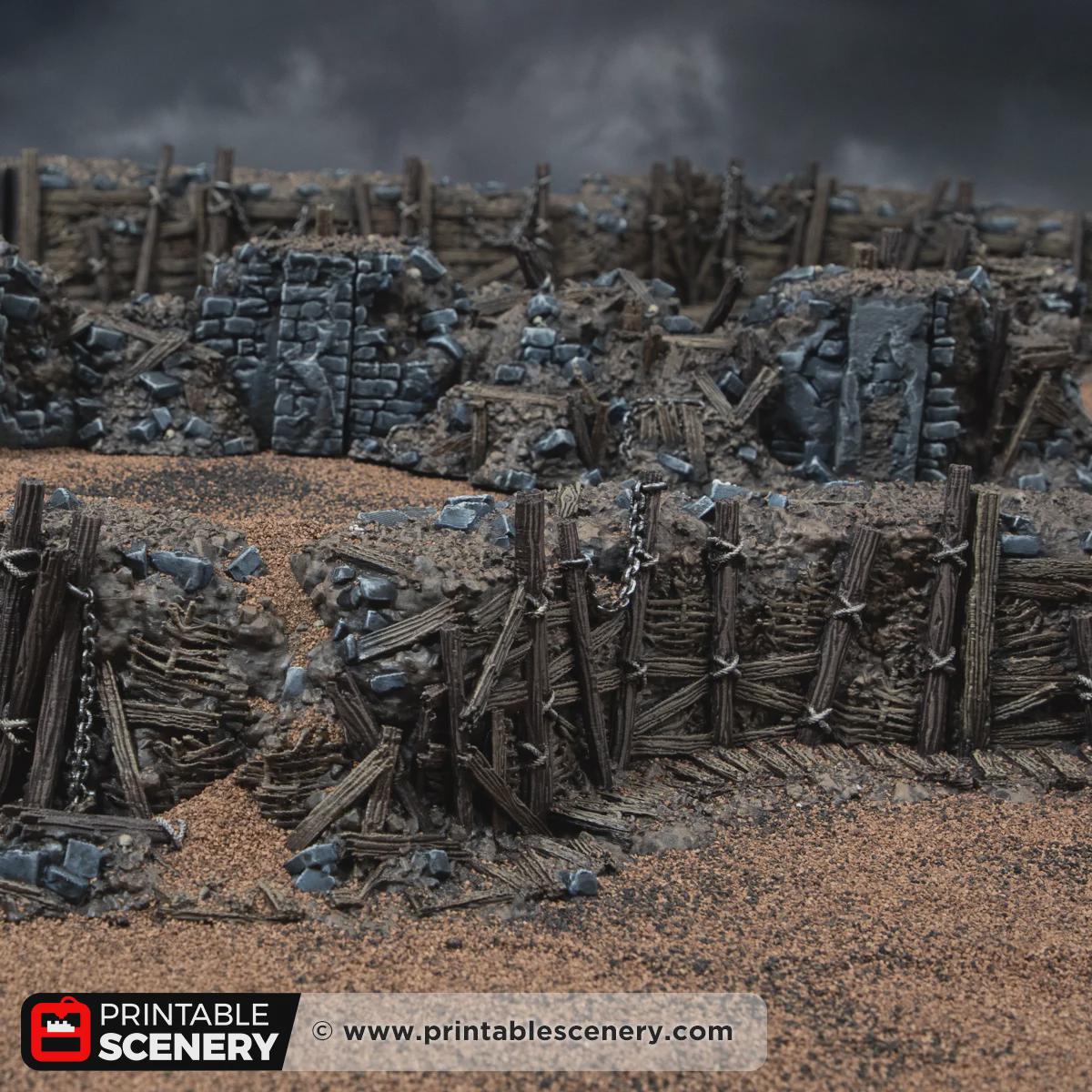 Ruined Trench Forts Terrain | Modular Ruined Barricades | 32mm Grimdark Wargaming Scenery | Gothic Defensive Walls