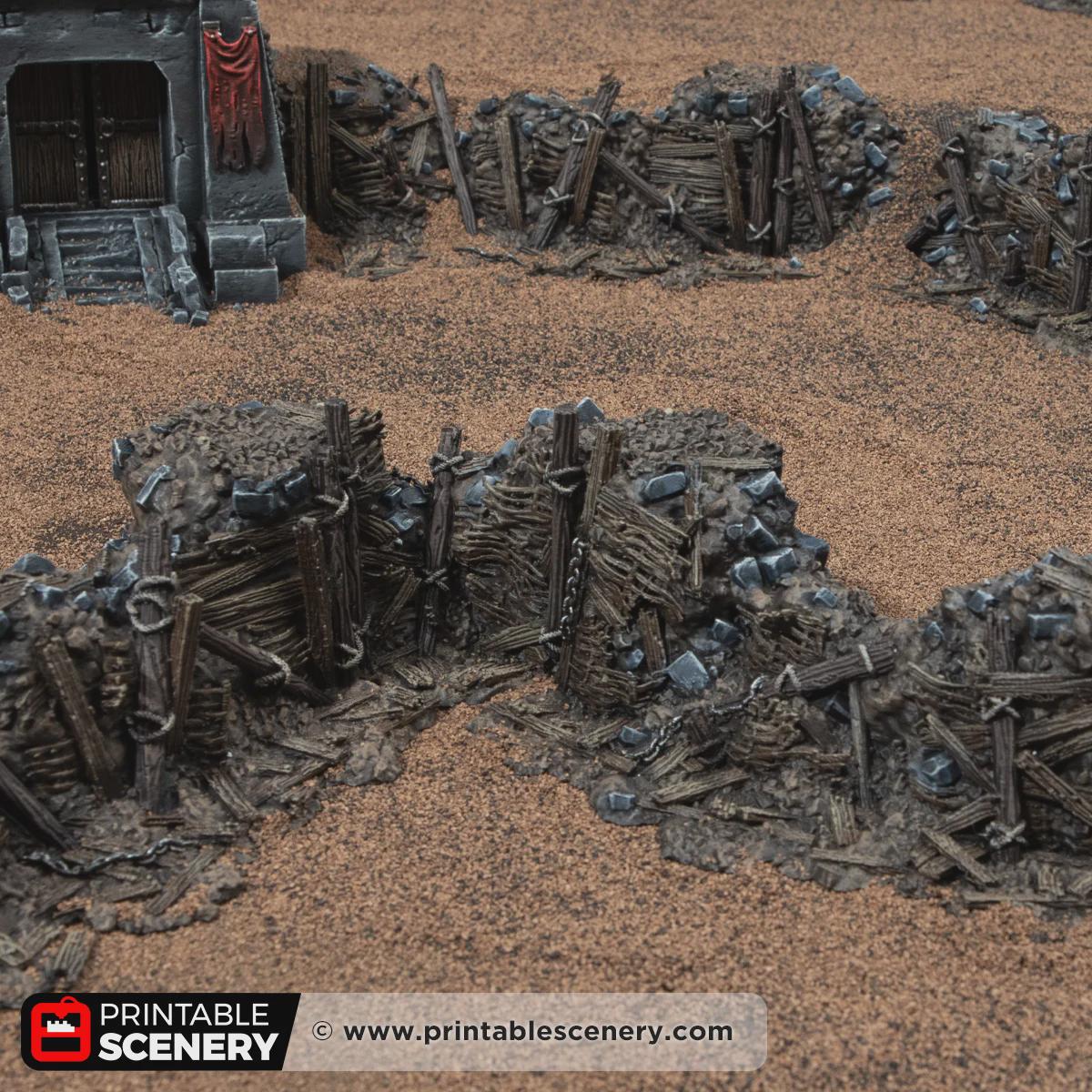 Ruined Trench Forts Terrain | Modular Ruined Barricades | 32mm Grimdark Wargaming Scenery | Gothic Defensive Walls