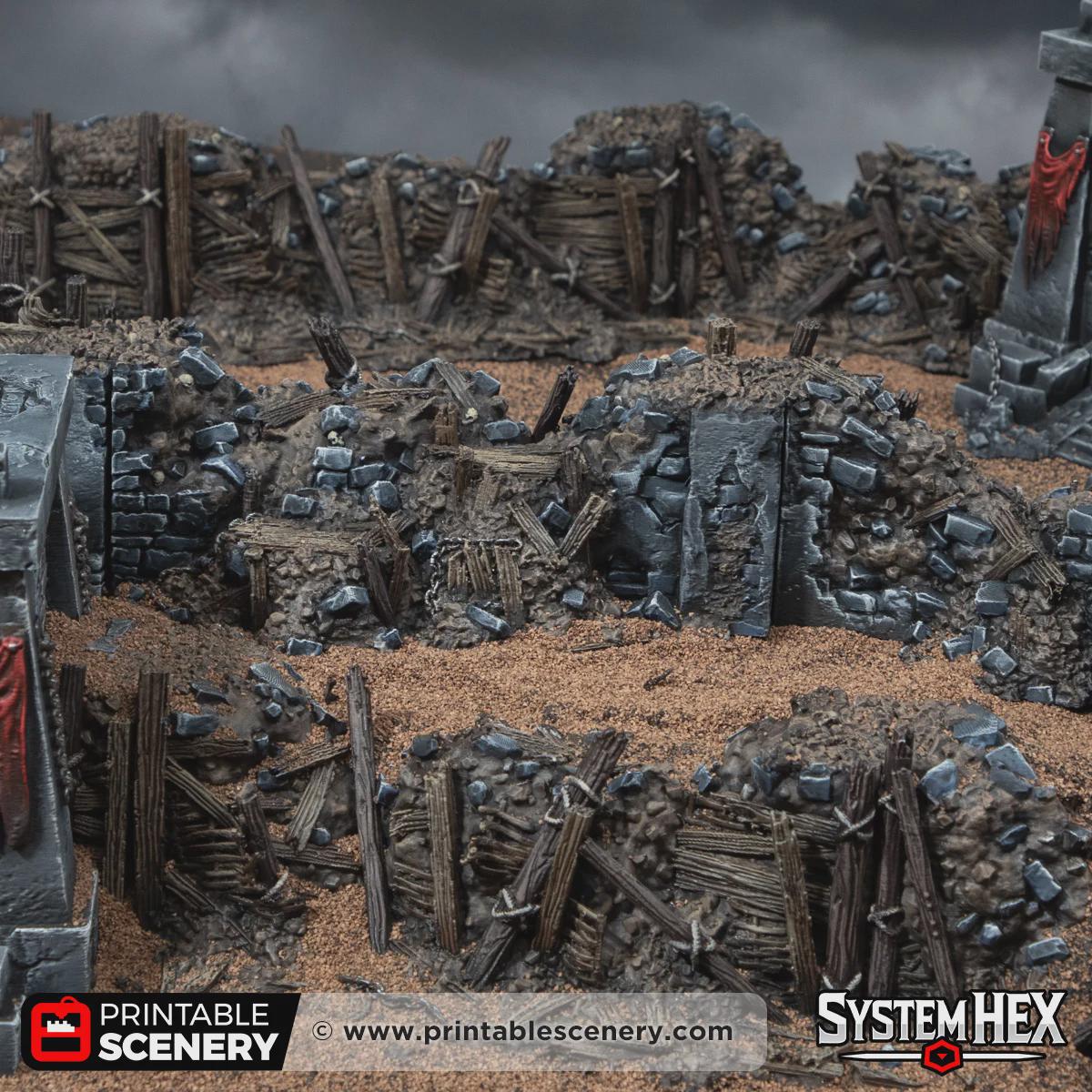 Ruined Trench Forts Terrain | Modular Ruined Barricades | 32mm Grimdark Wargaming Scenery | Gothic Defensive Walls