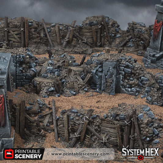 Ruined Trench Forts Terrain | Modular Ruined Barricades | 32mm Grimdark Wargaming Scenery | Gothic Defensive Walls