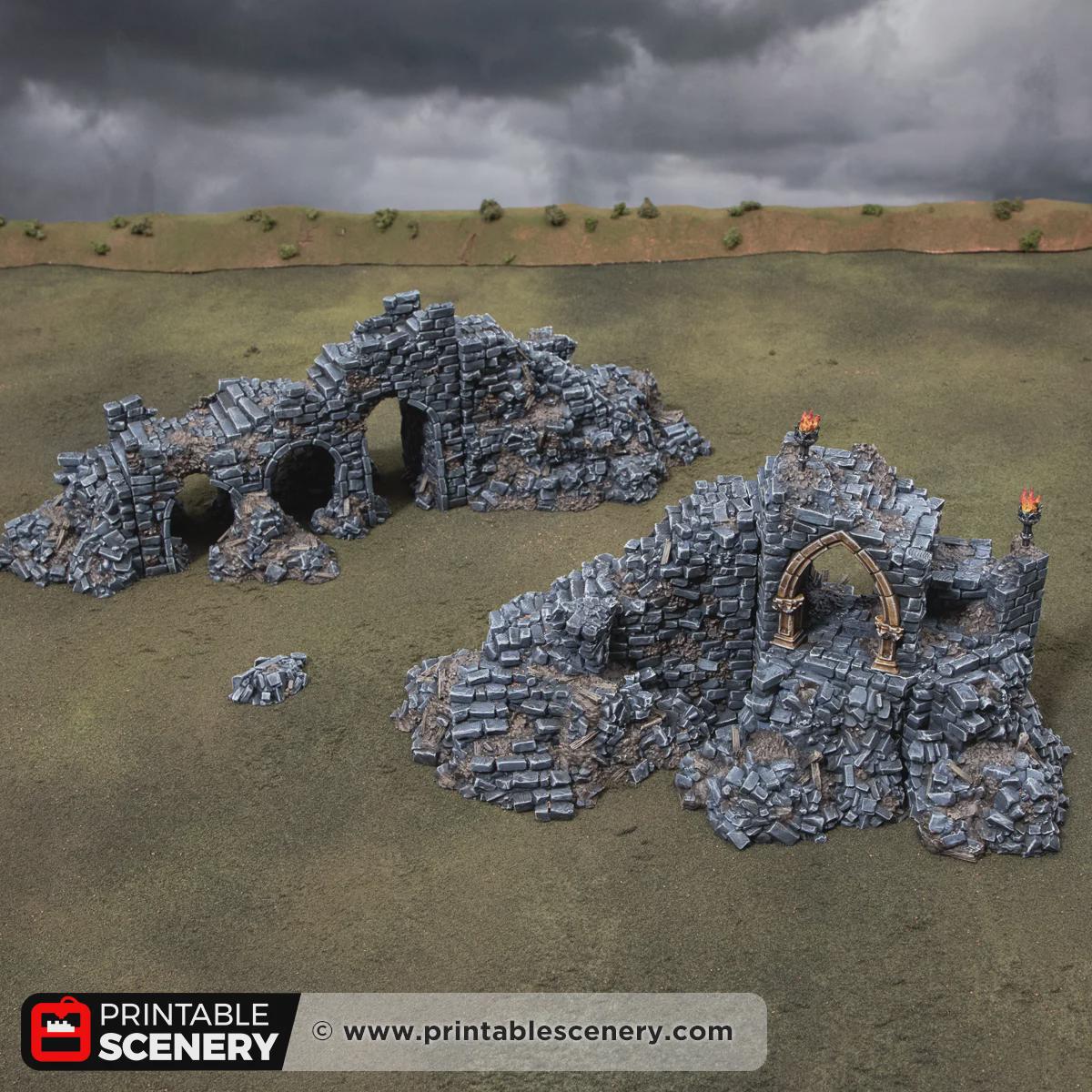 Ruined Gothic Archway Terrain, 32mm Fantasy Gateway, Modular Ancient Fortress Scenery, Broken Bridge and Rubble Set