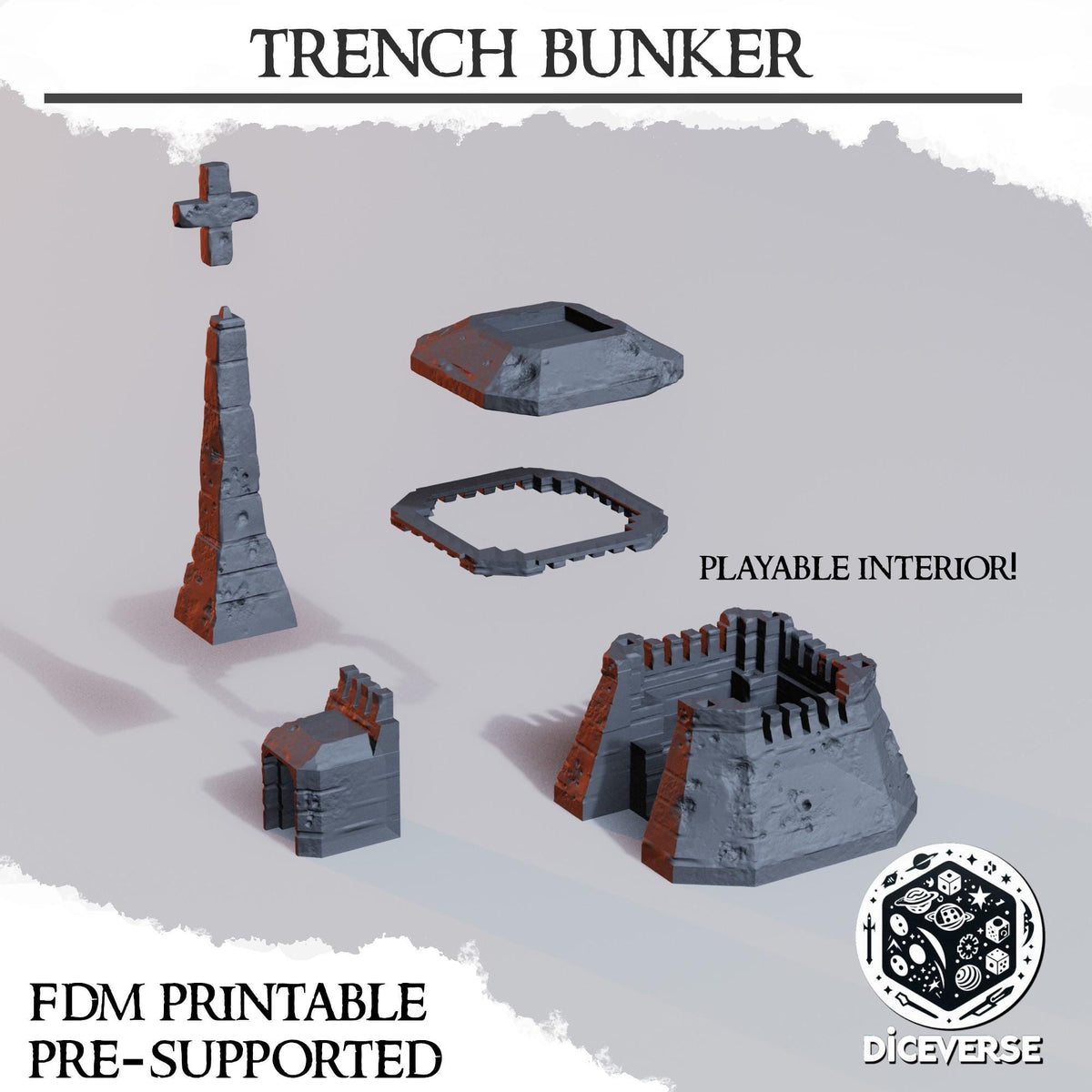 Trench Warfare Bunker Terrain, 32mm Fortified Battlefield Building, Removable Roof, Playable Interior, Grimdark Scenery