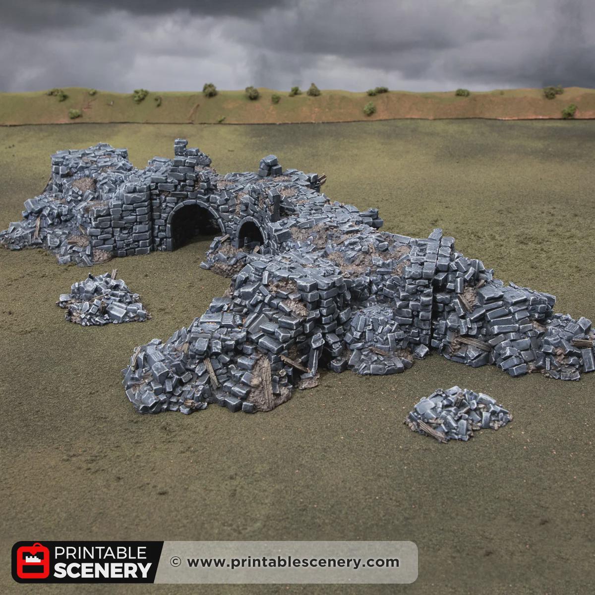 Ruined Gothic Buildings Terrain, 32mm Modular Fantasy Ruins, Broken Bridge and Rubble, Tabletop Battlefield Scenery