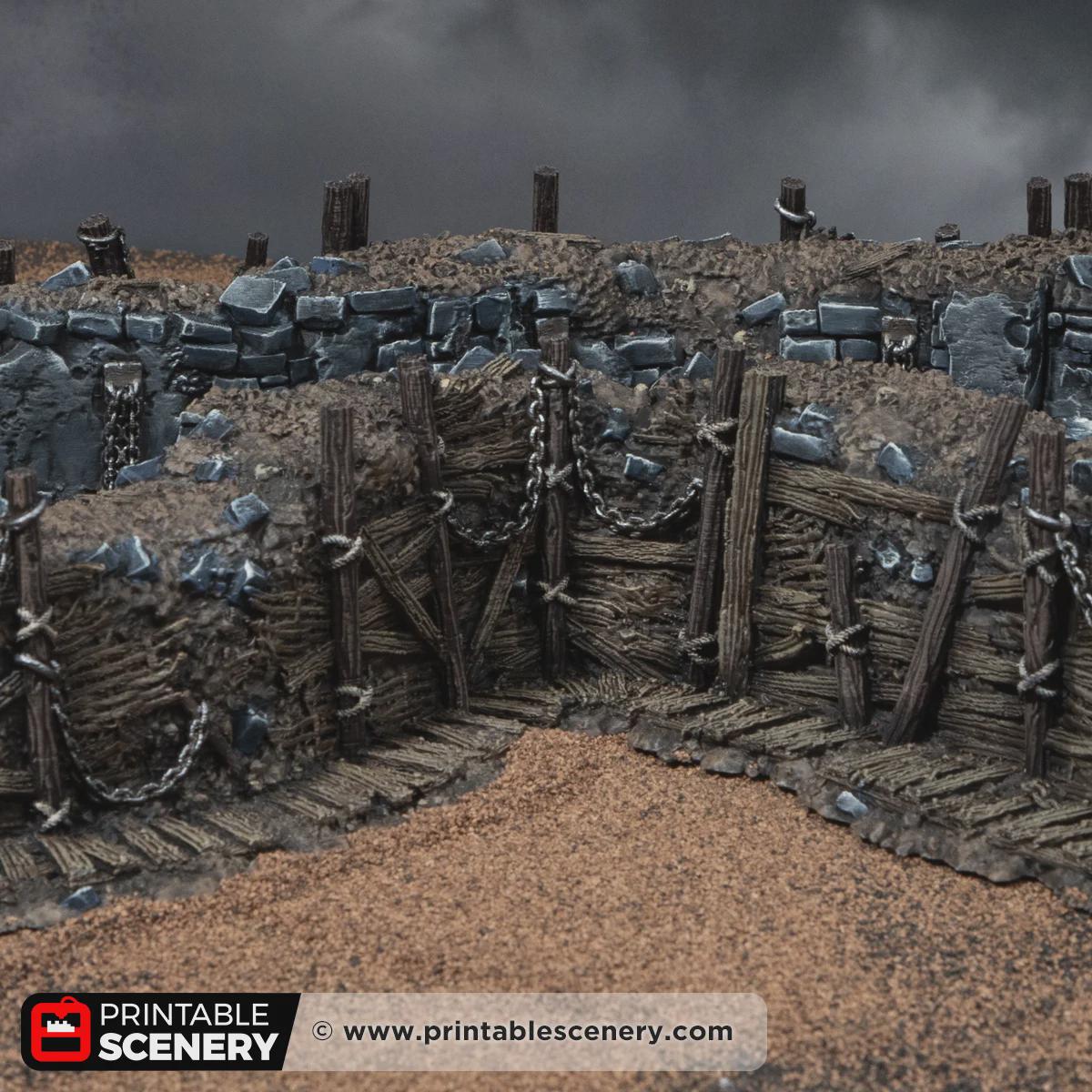 Trench Forts Terrain | Modular Ruined Barricades | 32mm Grimdark Wargaming Scenery | Gothic Defensive Walls
