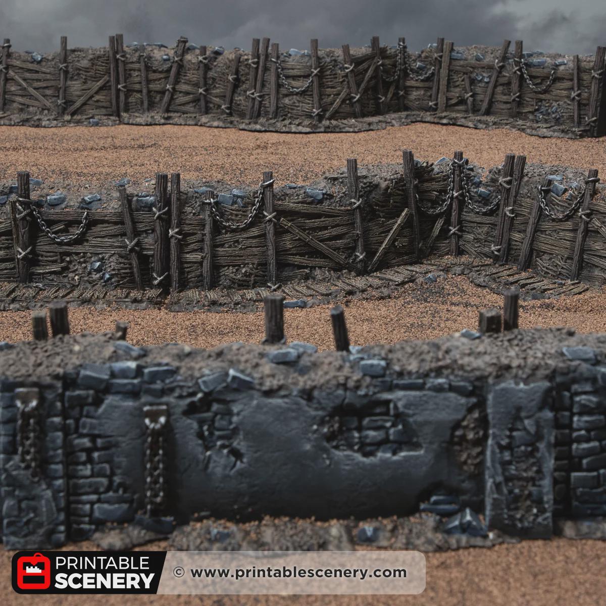 Trench Forts Terrain | Modular Ruined Barricades | 32mm Grimdark Wargaming Scenery | Gothic Defensive Walls