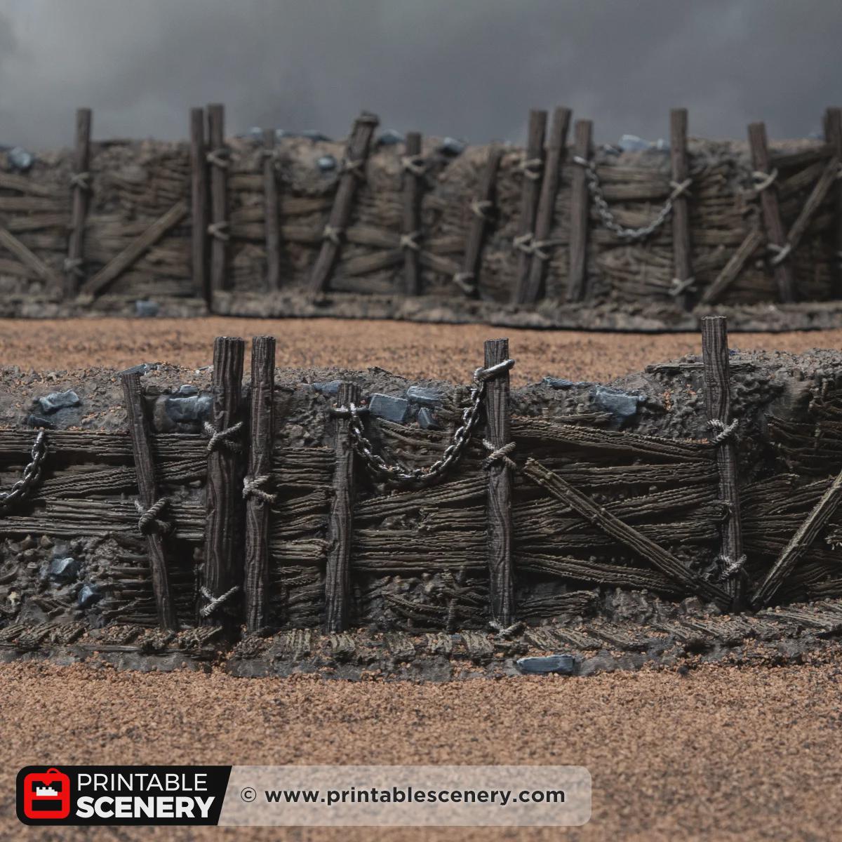 Trench Forts Terrain | Modular Ruined Barricades | 32mm Grimdark Wargaming Scenery | Gothic Defensive Walls