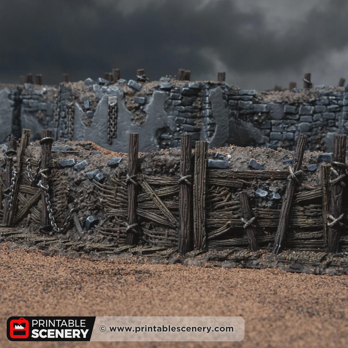 Trench Forts Terrain | Modular Ruined Barricades | 32mm Grimdark Wargaming Scenery | Gothic Defensive Walls