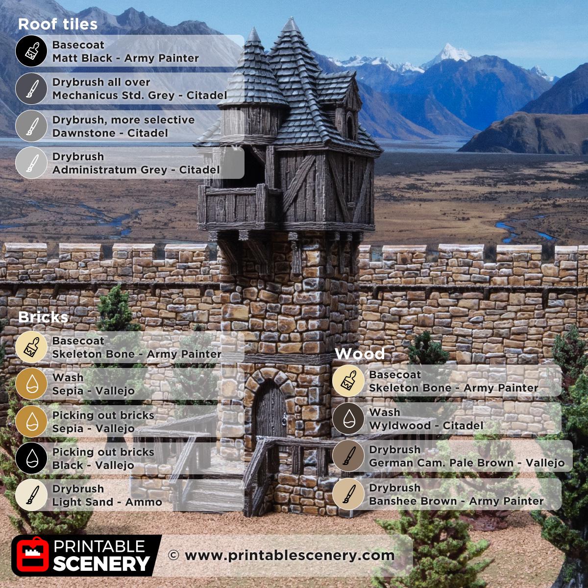 Medieval Watchtower Terrain, 32mm Fantasy Guard Tower, Stone and Timber Castle Scenery, Tabletop Building