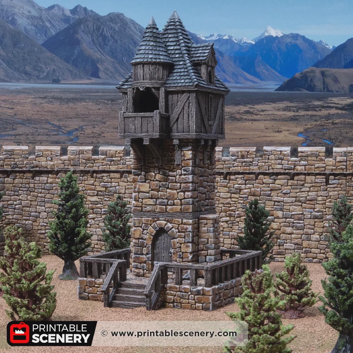 Medieval Watchtower Terrain, 32mm Fantasy Guard Tower, Stone and Timber Castle Scenery, Tabletop Building