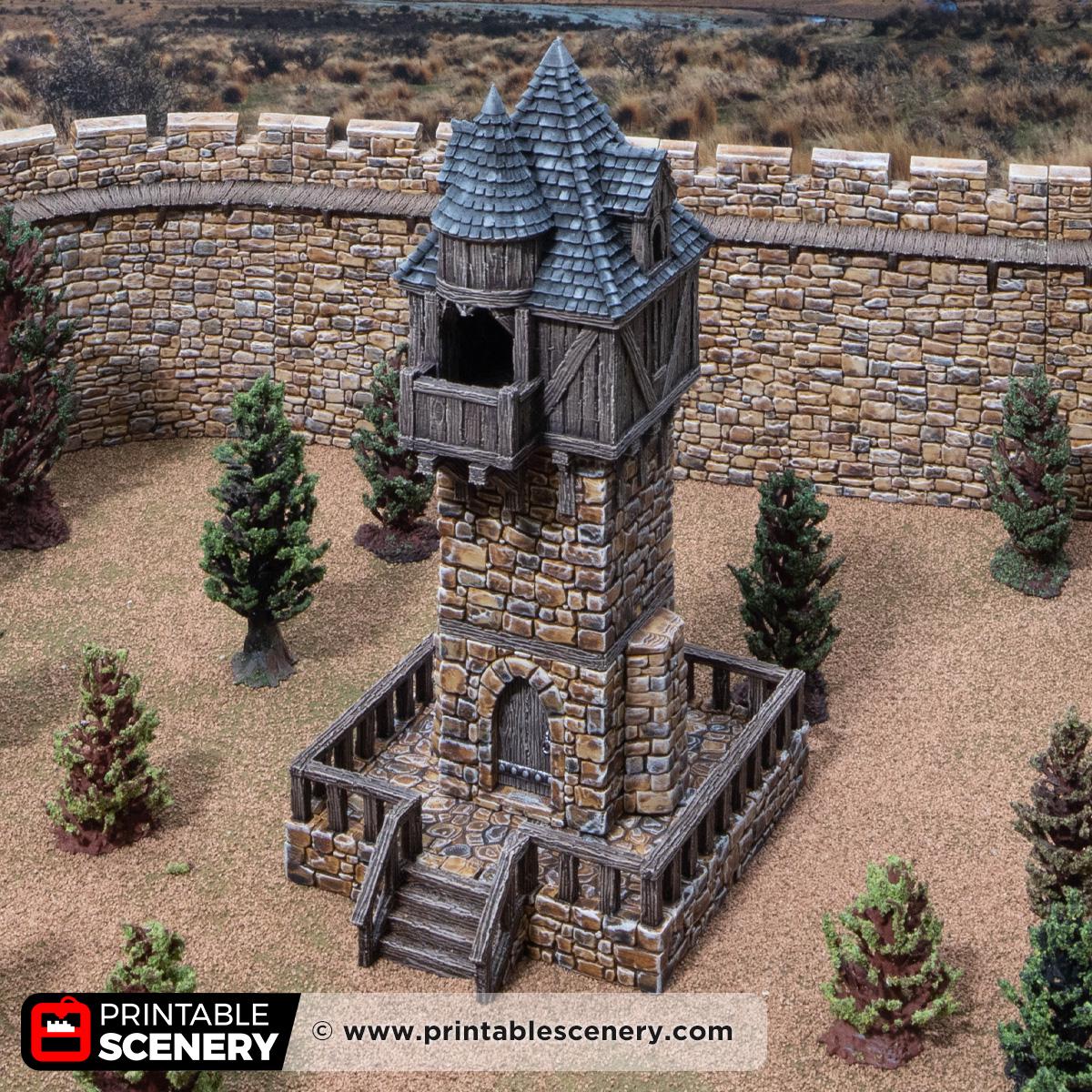 Medieval Watchtower Terrain, 32mm Fantasy Guard Tower, Stone and Timber Castle Scenery, Tabletop Building