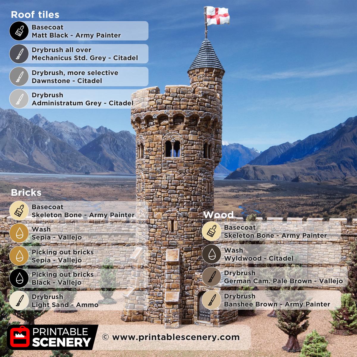 Medieval Round Bastion Tower Terrain, 32mm Fantasy Castle Keep, Modular Battlement Building, Tabletop Scenery