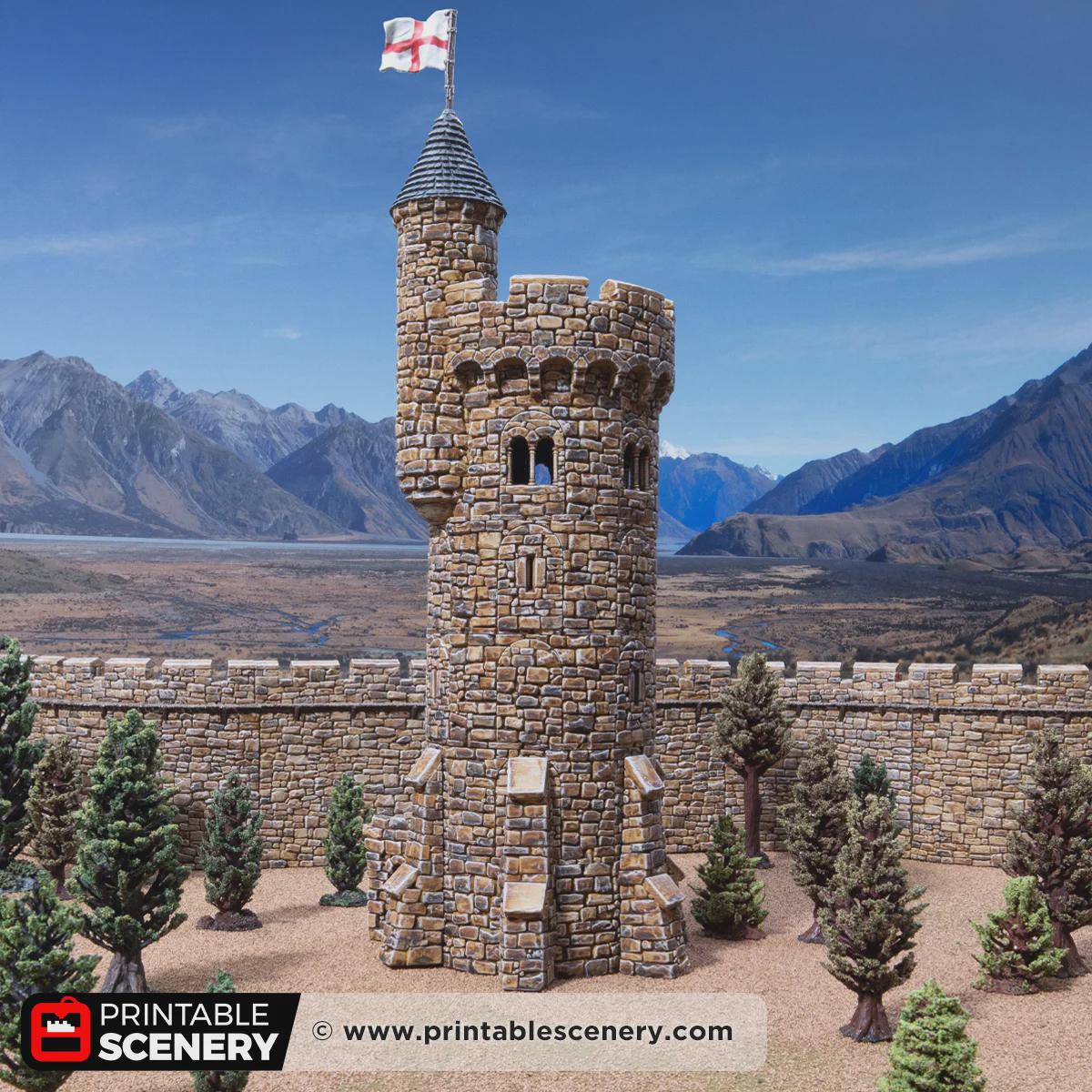 Medieval Round Bastion Tower Terrain, 32mm Fantasy Castle Keep, Modular Battlement Building, Tabletop Scenery