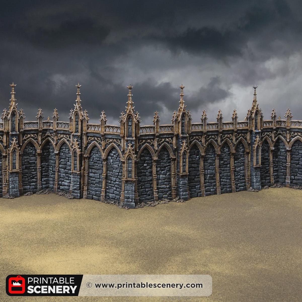 Gothic Angular Wall Terrain, 32mm Modular Castle Fortifications, Dark Fantasy Fortress Scenery, Tabletop Defense Set