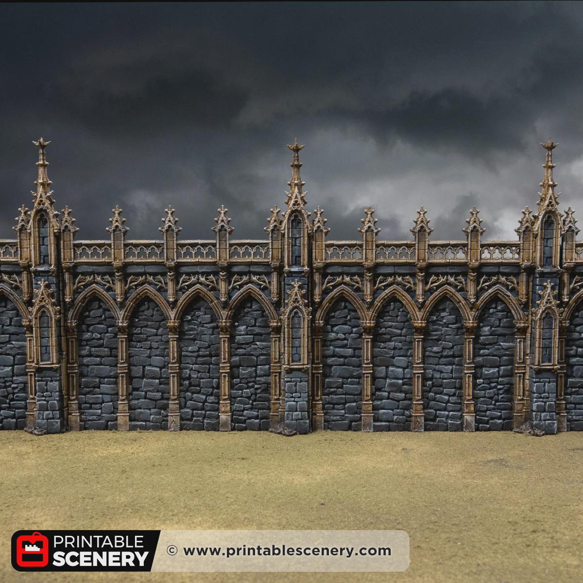 Gothic Angular Wall Terrain, 32mm Modular Castle Fortifications, Dark Fantasy Fortress Scenery, Tabletop Defense Set