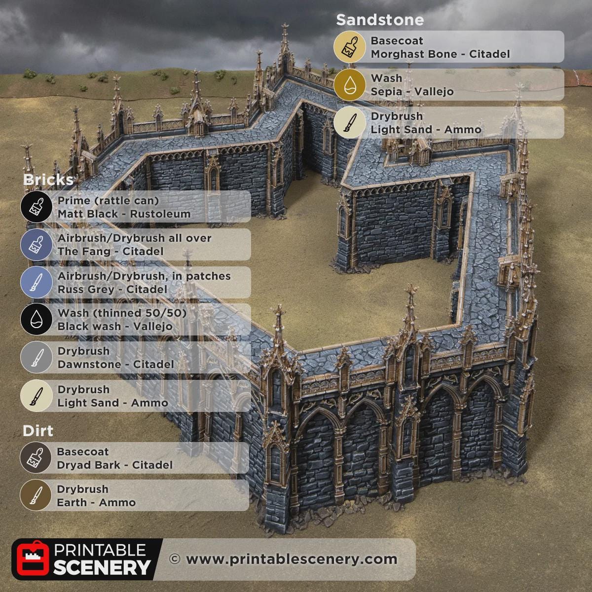Gothic Angular Wall Terrain, 32mm Modular Castle Fortifications, Dark Fantasy Fortress Scenery, Tabletop Defense Set