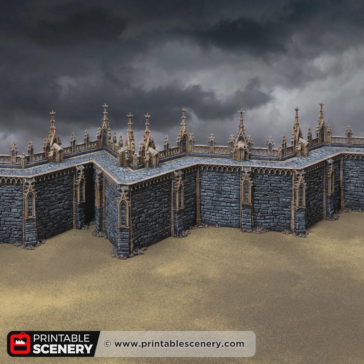 Gothic Angular Wall Terrain, 32mm Modular Castle Fortifications, Dark Fantasy Fortress Scenery, Tabletop Defense Set