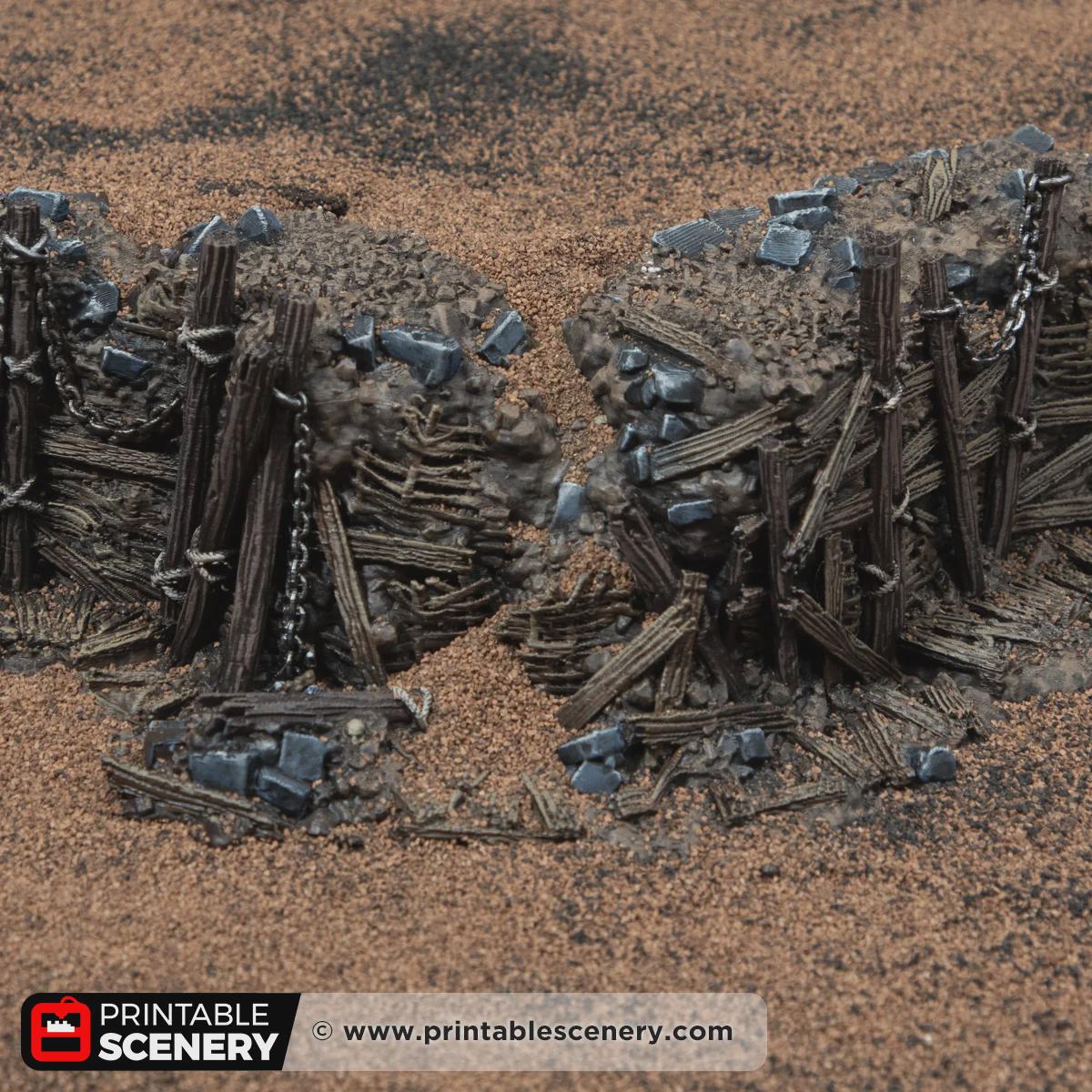 Ruined Trench Forts Terrain | Modular Ruined Barricades | 32mm Grimdark Wargaming Scenery | Gothic Defensive Walls