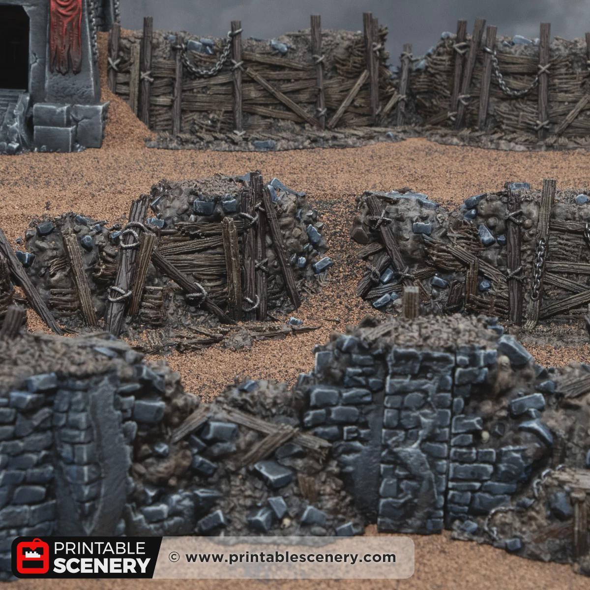 Ruined Trench Forts Terrain | Modular Ruined Barricades | 32mm Grimdark Wargaming Scenery | Gothic Defensive Walls