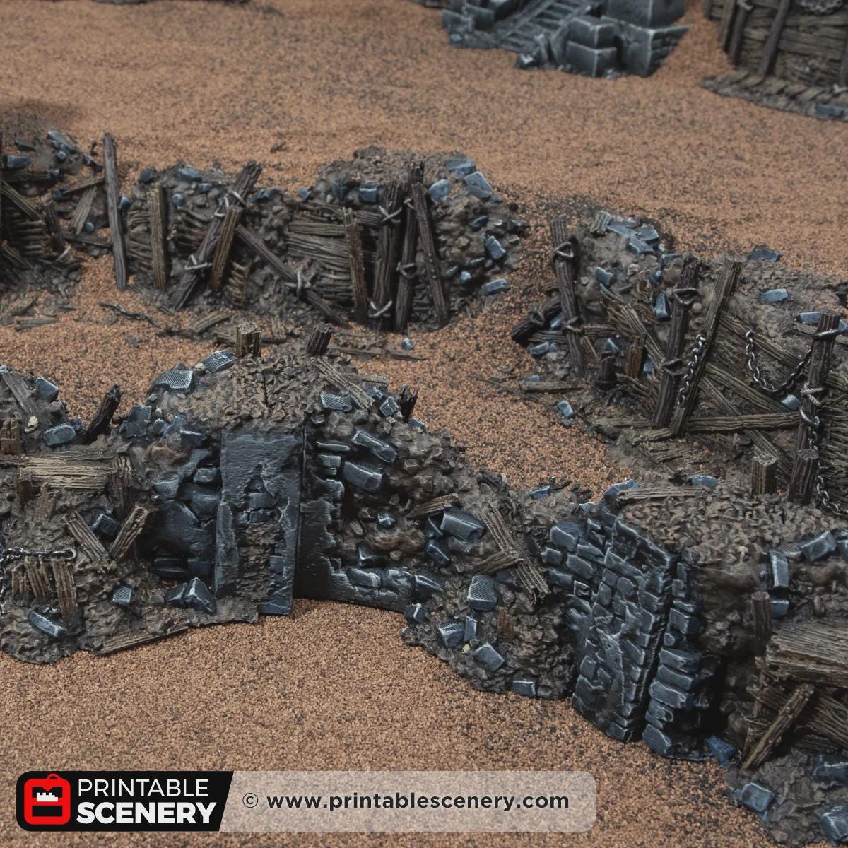 Ruined Trench Forts Terrain | Modular Ruined Barricades | 32mm Grimdark Wargaming Scenery | Gothic Defensive Walls