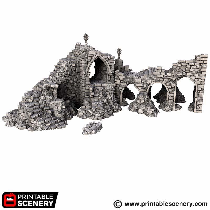 Ruined Gothic Archway Terrain, 32mm Fantasy Gateway, Modular Ancient Fortress Scenery, Broken Bridge and Rubble Set