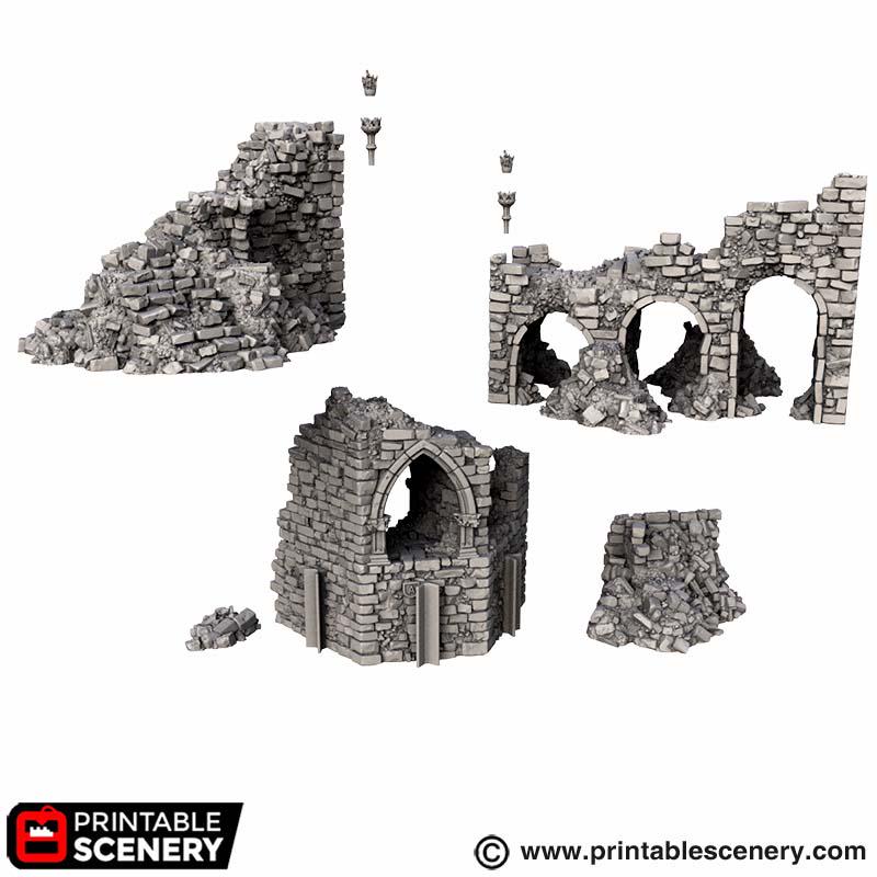 Ruined Gothic Archway Terrain, 32mm Fantasy Gateway, Modular Ancient Fortress Scenery, Broken Bridge and Rubble Set