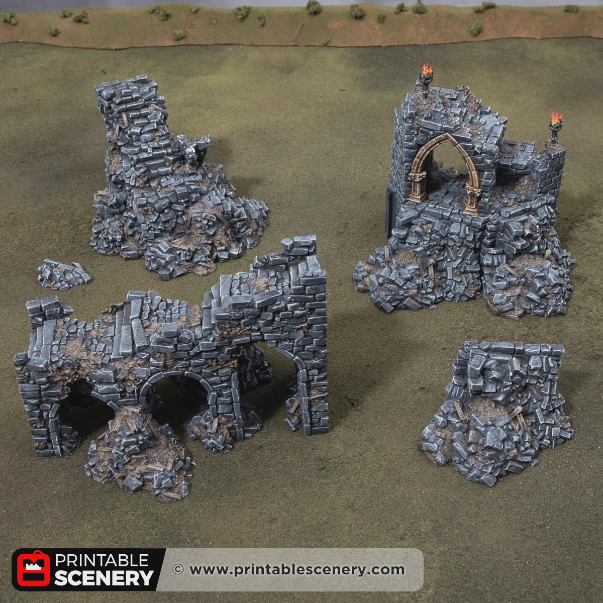 Ruined Gothic Archway Terrain, 32mm Fantasy Gateway, Modular Ancient Fortress Scenery, Broken Bridge and Rubble Set