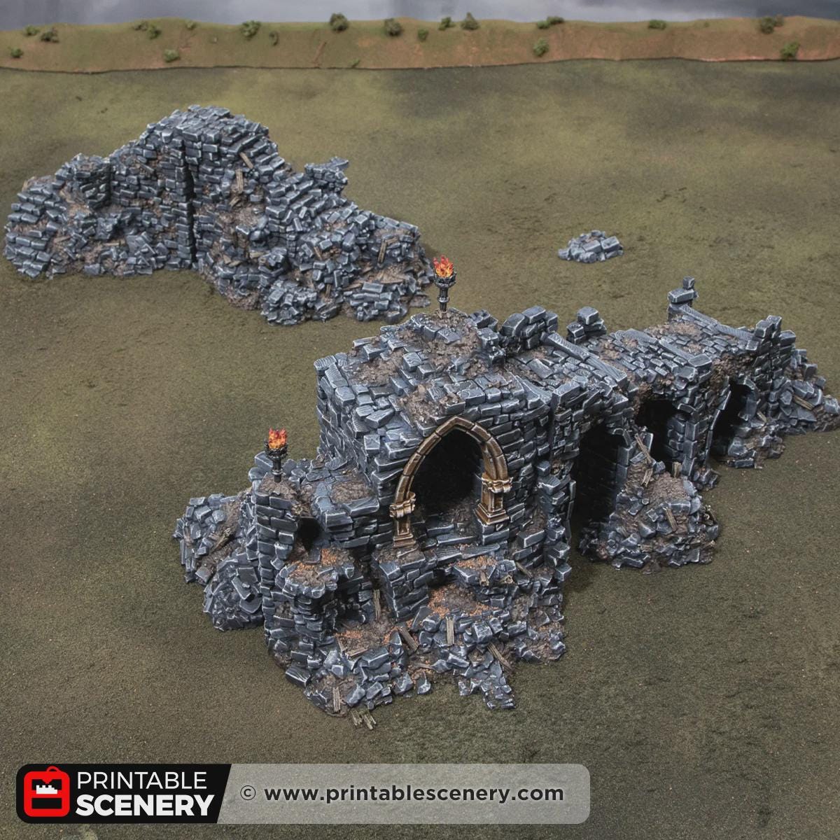 Ruined Gothic Archway Terrain, 32mm Fantasy Gateway, Modular Ancient Fortress Scenery, Broken Bridge and Rubble Set