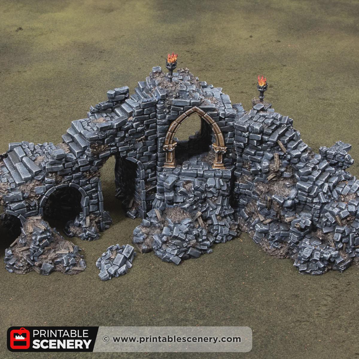 Ruined Gothic Archway Terrain, 32mm Fantasy Gateway, Modular Ancient Fortress Scenery, Broken Bridge and Rubble Set