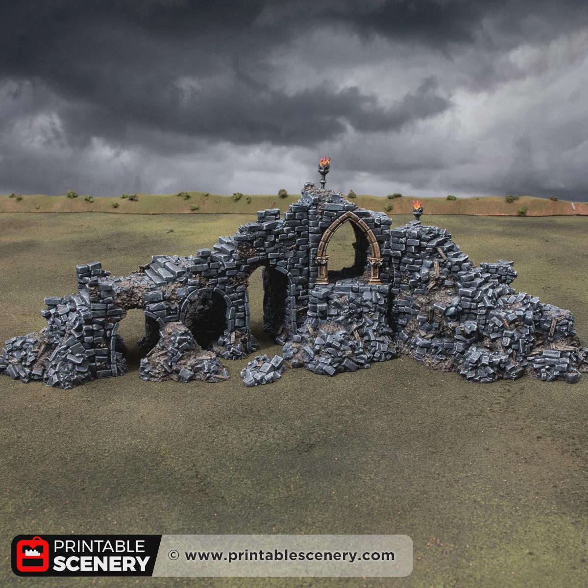 Ruined Gothic Archway Terrain, 32mm Fantasy Gateway, Modular Ancient Fortress Scenery, Broken Bridge and Rubble Set