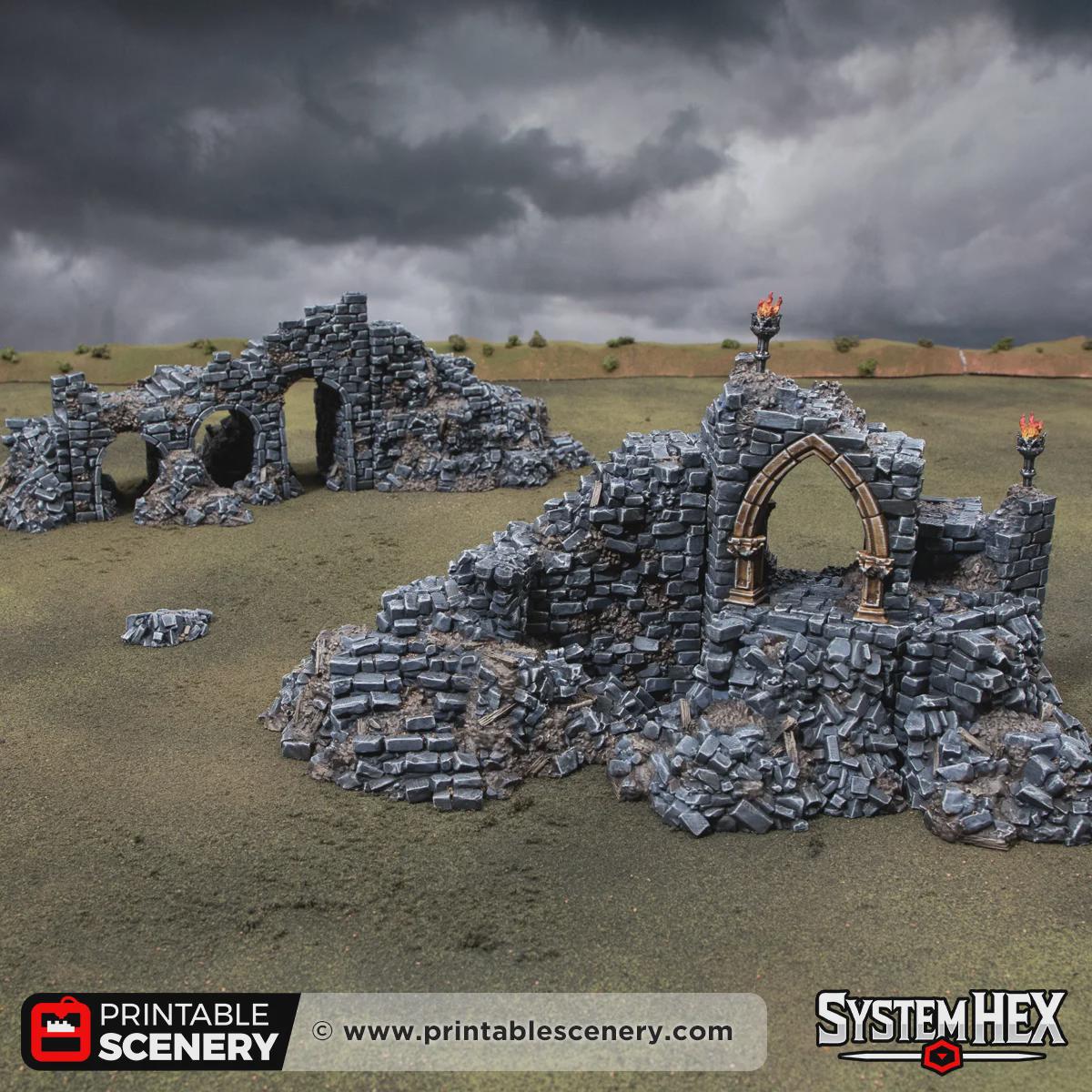 Ruined Gothic Archway Terrain, 32mm Fantasy Gateway, Modular Ancient Fortress Scenery, Broken Bridge and Rubble Set