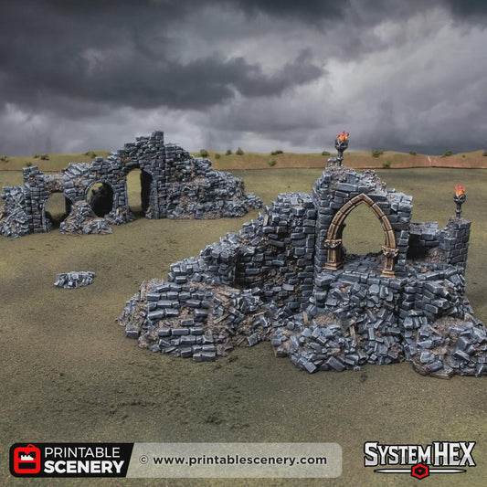 Ruined Gothic Archway Terrain, 32mm Fantasy Gateway, Modular Ancient Fortress Scenery, Broken Bridge and Rubble Set