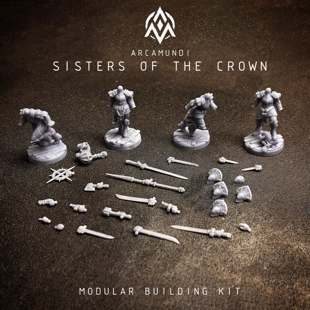 Sisters of the Crown Modular Warrior Nun Miniatures, 32mm Resin Gothic Fantasy Tabletop Set, Customizable Female Fighter Squad
