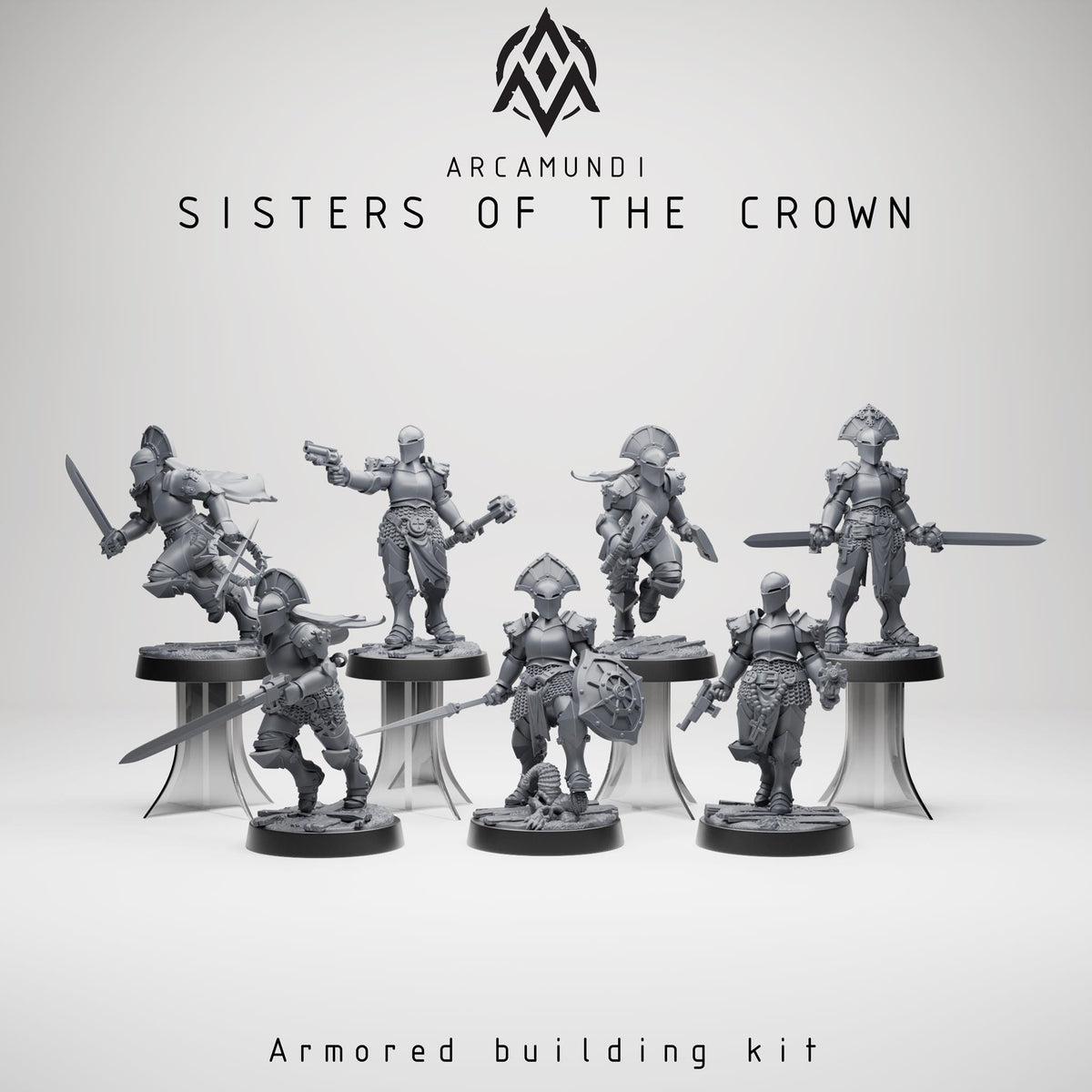 Sisters of the Crown Modular Warrior Nun Miniatures, 32mm Resin Gothic Fantasy Tabletop Set, Customizable Female Fighter Squad