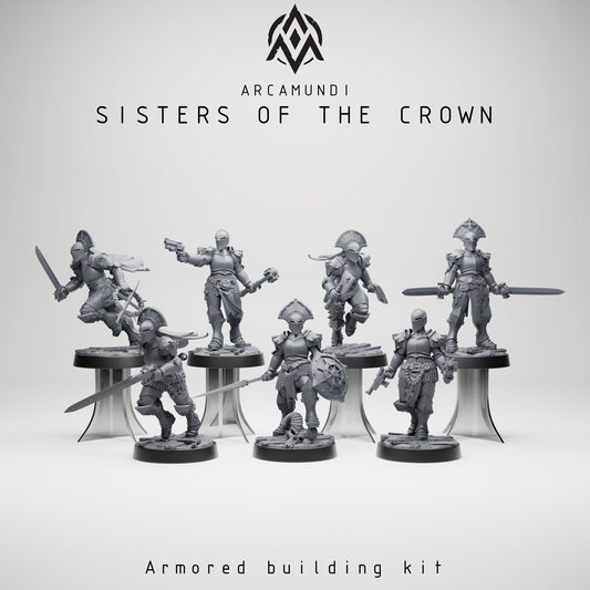 Sisters of the Crown Modular Warrior Nun Miniatures, 32mm Resin Gothic Fantasy Tabletop Set, Customizable Female Fighter Squad