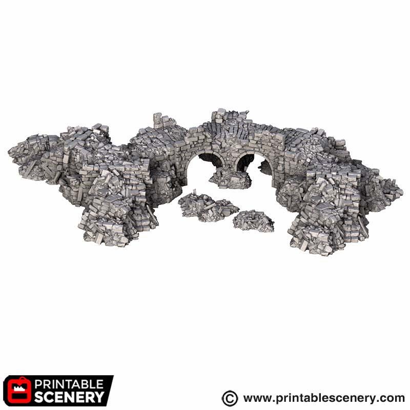 Ruined Gothic Buildings Terrain, 32mm Modular Fantasy Ruins, Broken Bridge and Rubble, Tabletop Battlefield Scenery