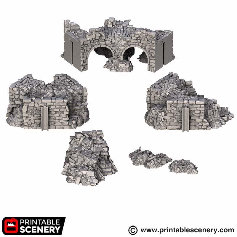 Ruined Gothic Buildings Terrain, 32mm Modular Fantasy Ruins, Broken Bridge and Rubble, Tabletop Battlefield Scenery